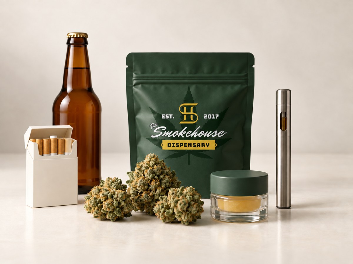 Smokehouse branded pouch with cannabis flower, a concentrate jar, vape, beer bottle and cigarette pack